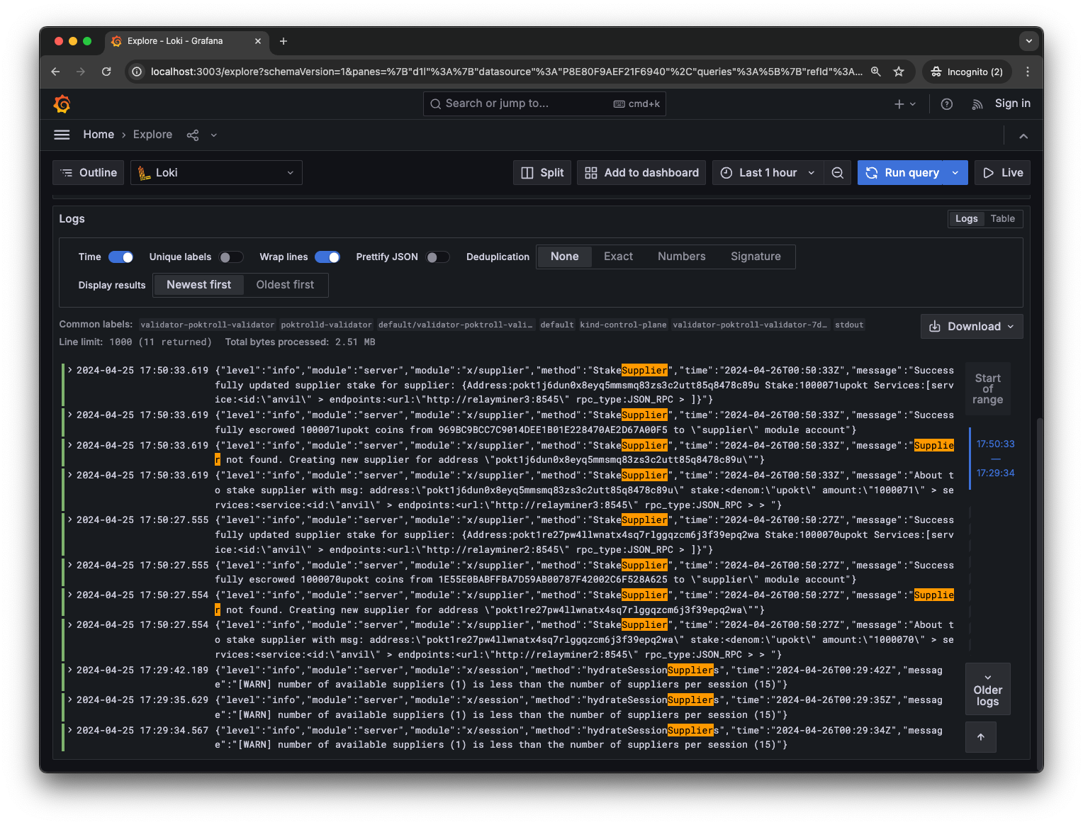 Grafana Supplier Logs